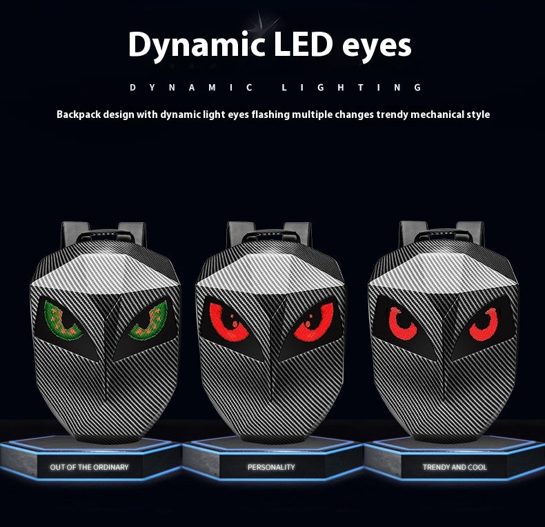 Three views of the Sentinel backpack with the LED eye panels lit in green and red patterns.