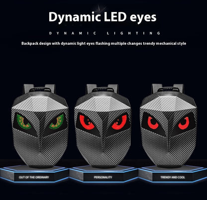 Three views of the Sentinel backpack with the LED eye panels lit in green and red patterns.