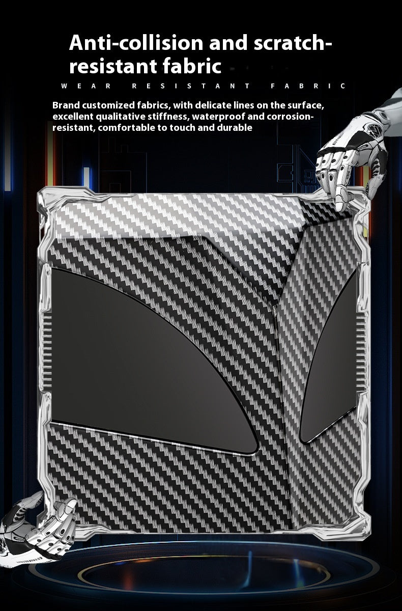 Close view of the Sentinel backpack shell highlighting the scratch-resistant carbon-weave surface and the two recessed LED eye panels.