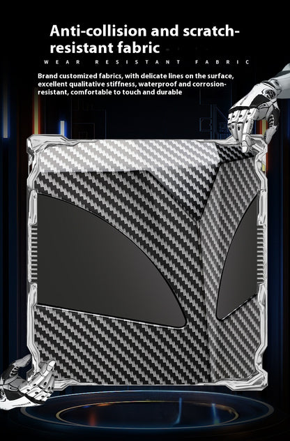 Close view of the Sentinel backpack shell highlighting the scratch-resistant carbon-weave surface and the two recessed LED eye panels.
