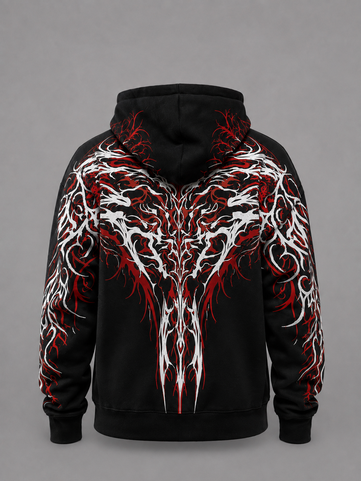 Reflective Hoodie v2 in jet black, laid flat and shown from the back. A branching tribal print in red and white spreads across the full back, over the hood and down both sleeves.