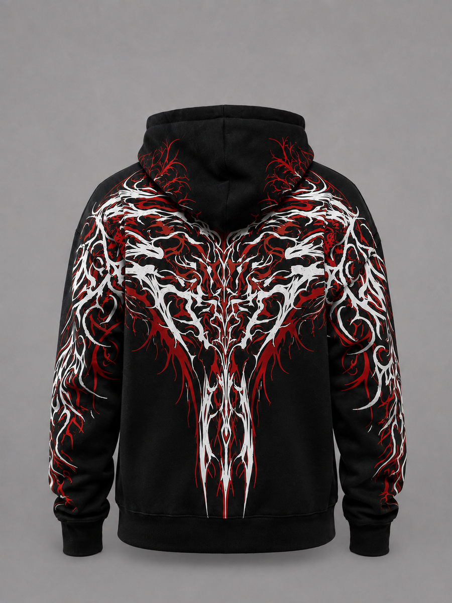 Reflective Hoodie v2 in jet black, laid flat and shown from the back. A branching tribal print in red and white spreads across the full back, over the hood and down both sleeves.