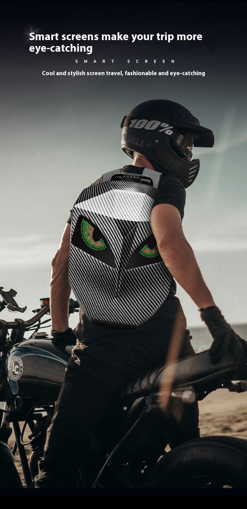 Rider seated on a motorcycle at dusk wearing the Sentinel hardshell backpack, its two LED eye panels glowing green against the carbon-weave shell.