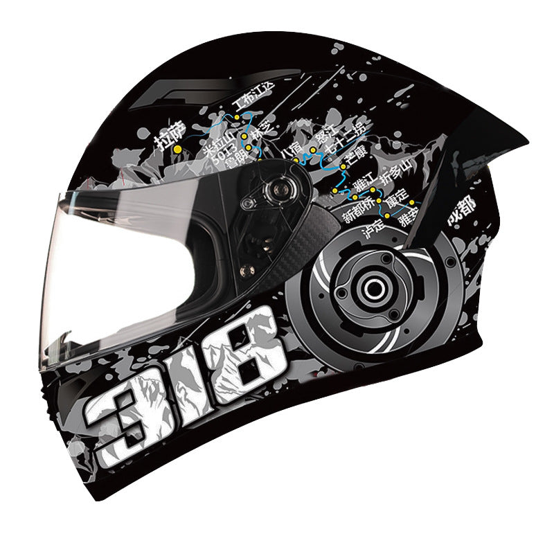 Static full-face motorcycle helmet, black shell with white graffiti artwork, side view with the shield closed