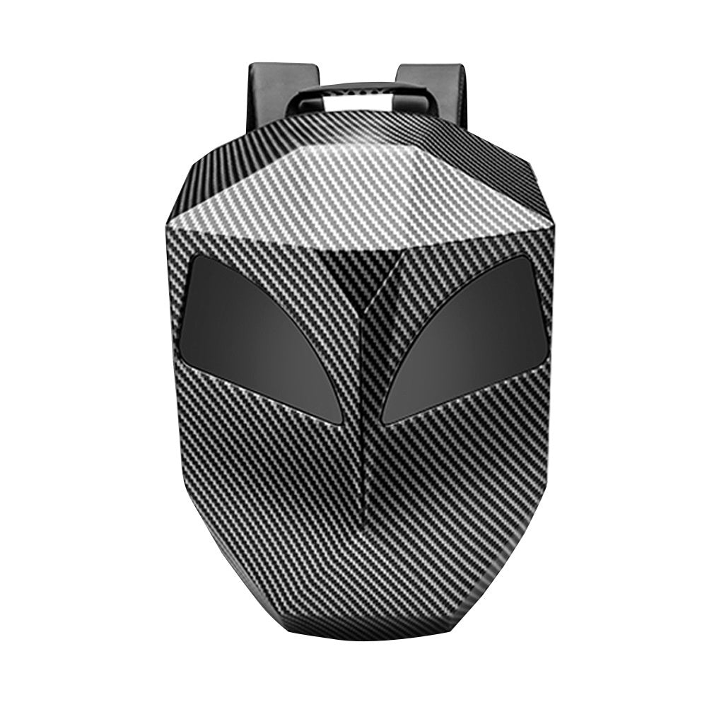 Front view of the Sentinel hardshell backpack with the LED panels off, showing the angular carbon-weave shell and two dark eye panels.