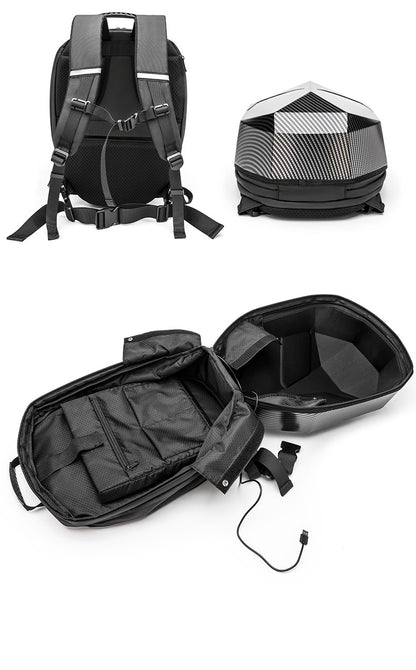 Back panel, top and fully opened views of the Sentinel backpack, showing the harness, interior organiser pockets and the USB lead that powers the LED panels.
