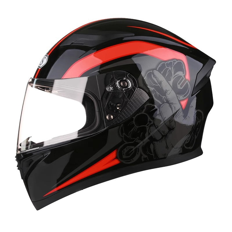 Static full-face motorcycle helmet, black shell with red artwork, side view with the shield closed