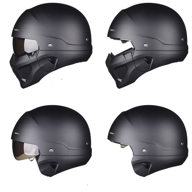The four ways the Switchback helmet can be worn: full face, full face with shield up, open face with shield, and bare open face