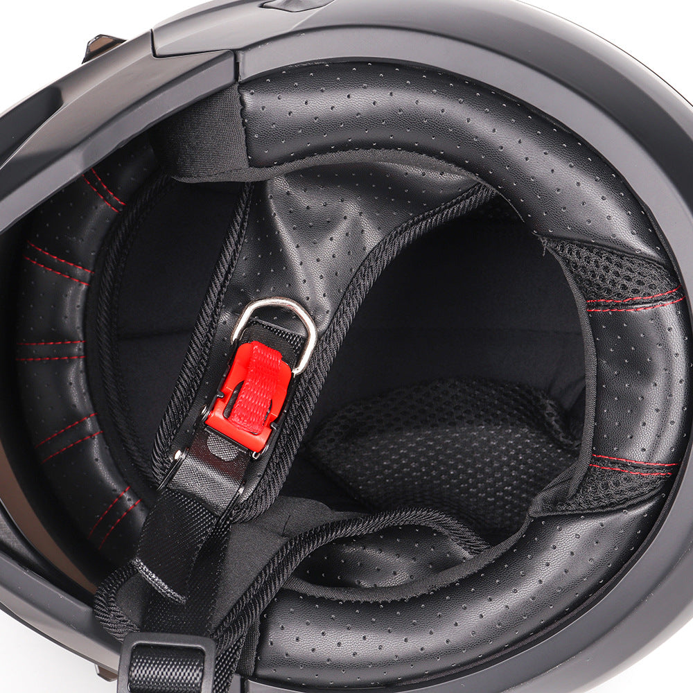 Inside the Switchback helmet showing the removable perforated liner and quick-release chin strap