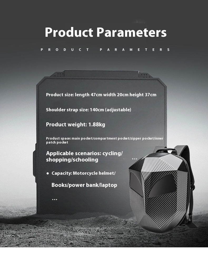 Specification card for the Sentinel backpack: 47 by 20 by 37 cm, 140 cm adjustable straps, 1.88 kg, main compartment plus divider, zip and patch pockets.