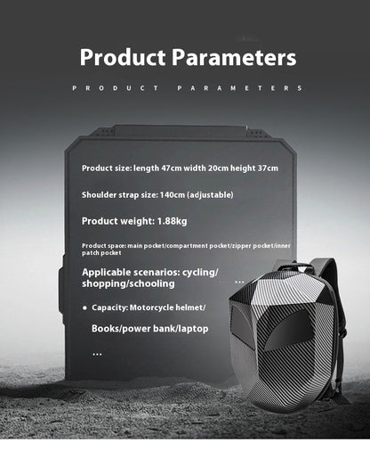 Specification card for the Sentinel backpack: 47 by 20 by 37 cm, 140 cm adjustable straps, 1.88 kg, main compartment plus divider, zip and patch pockets.