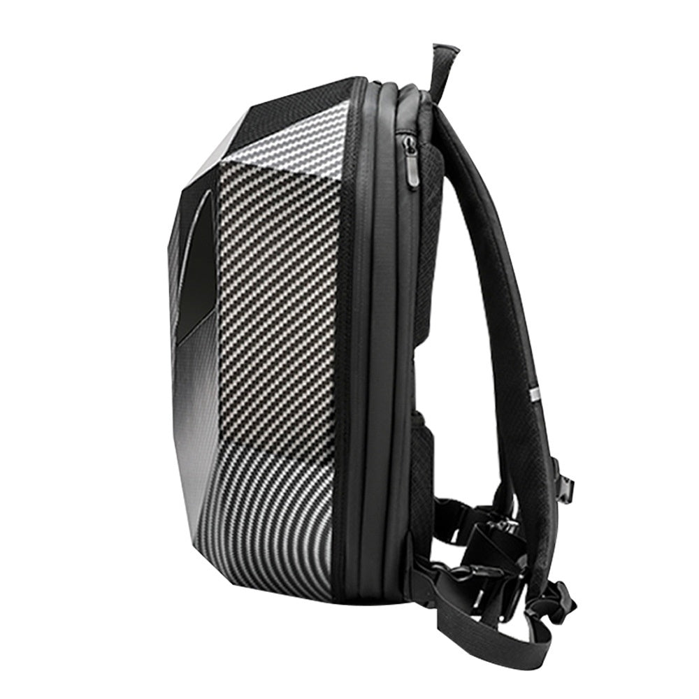 Side profile of the Sentinel backpack showing the depth of the moulded hard shell, the zip line and the padded shoulder straps.