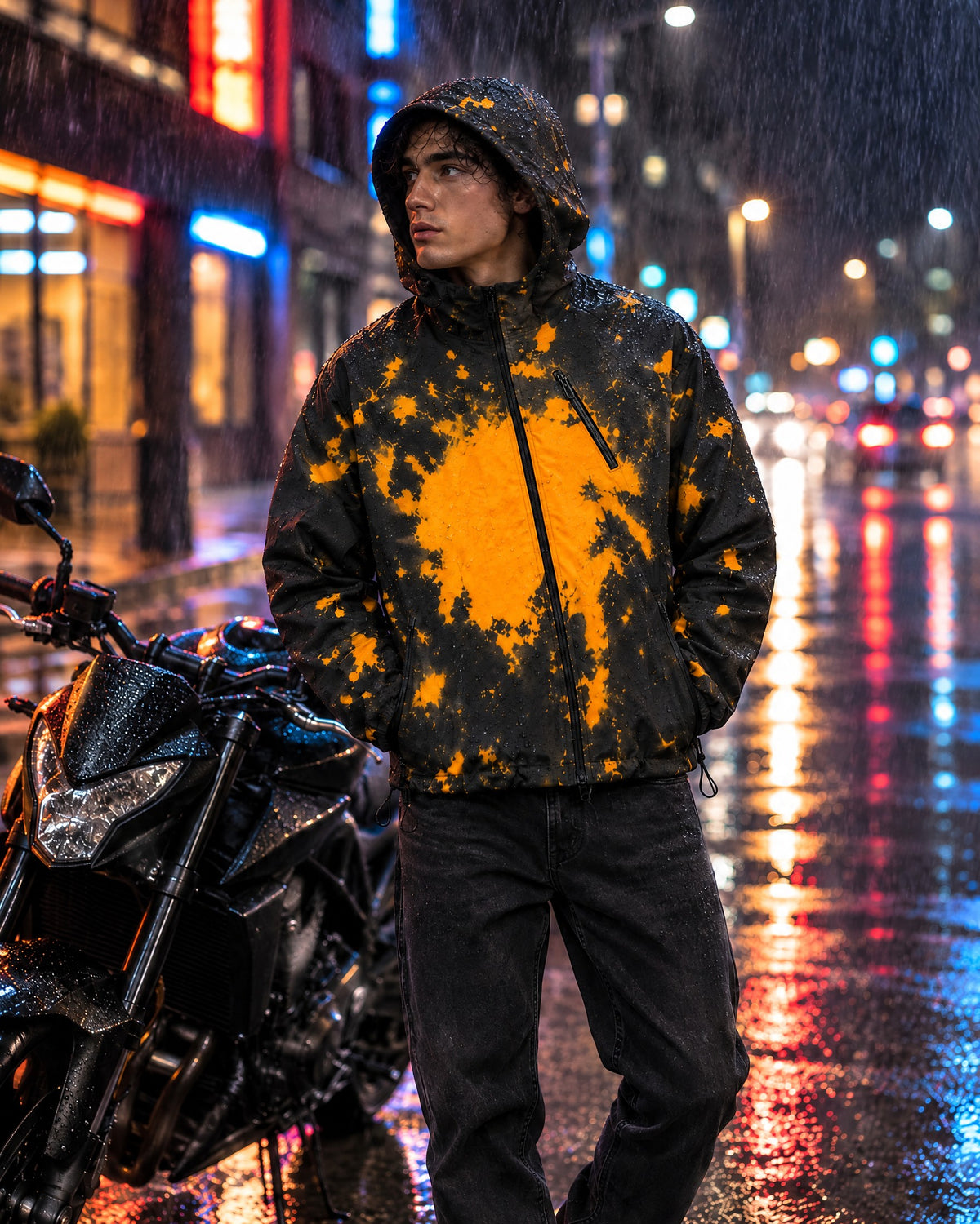 Rider in the Flashpoint color changing jacket in Blaze beside a motorcycle in the rain at night, orange splashes on black