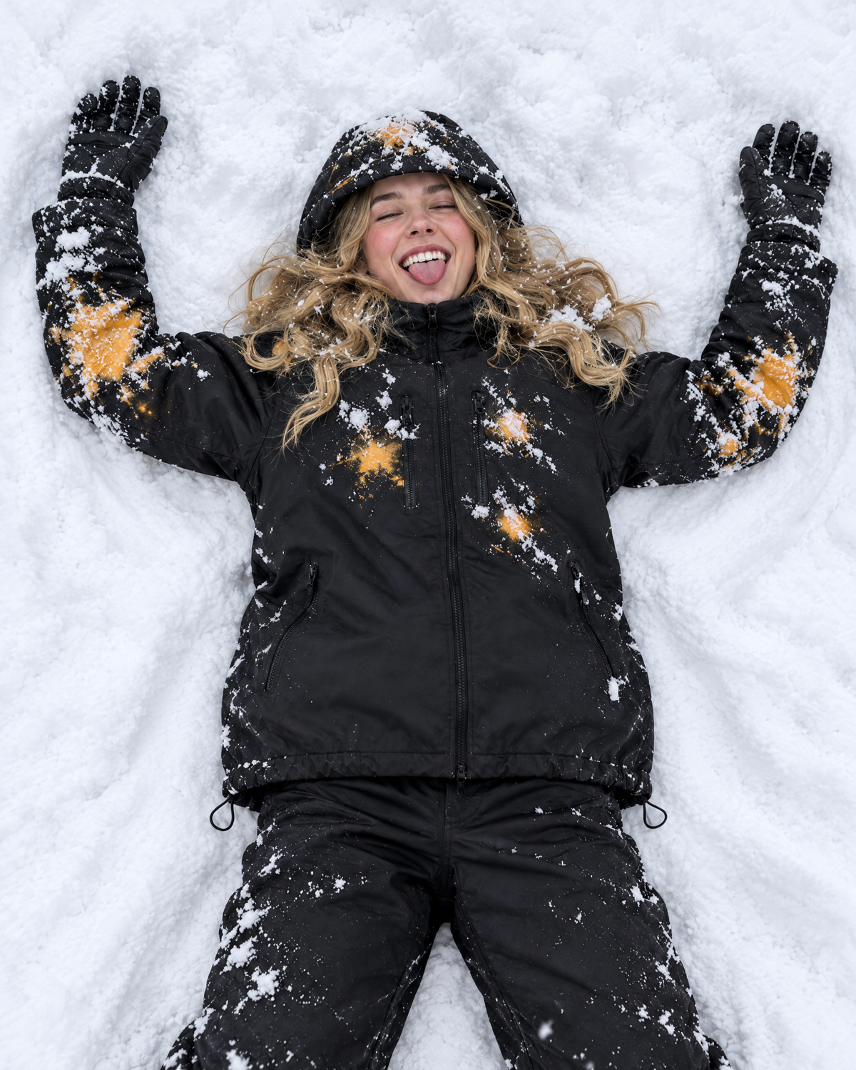 Woman making a snow angel, orange stains appearing under snow clumps on the Flashpoint color changing jacket