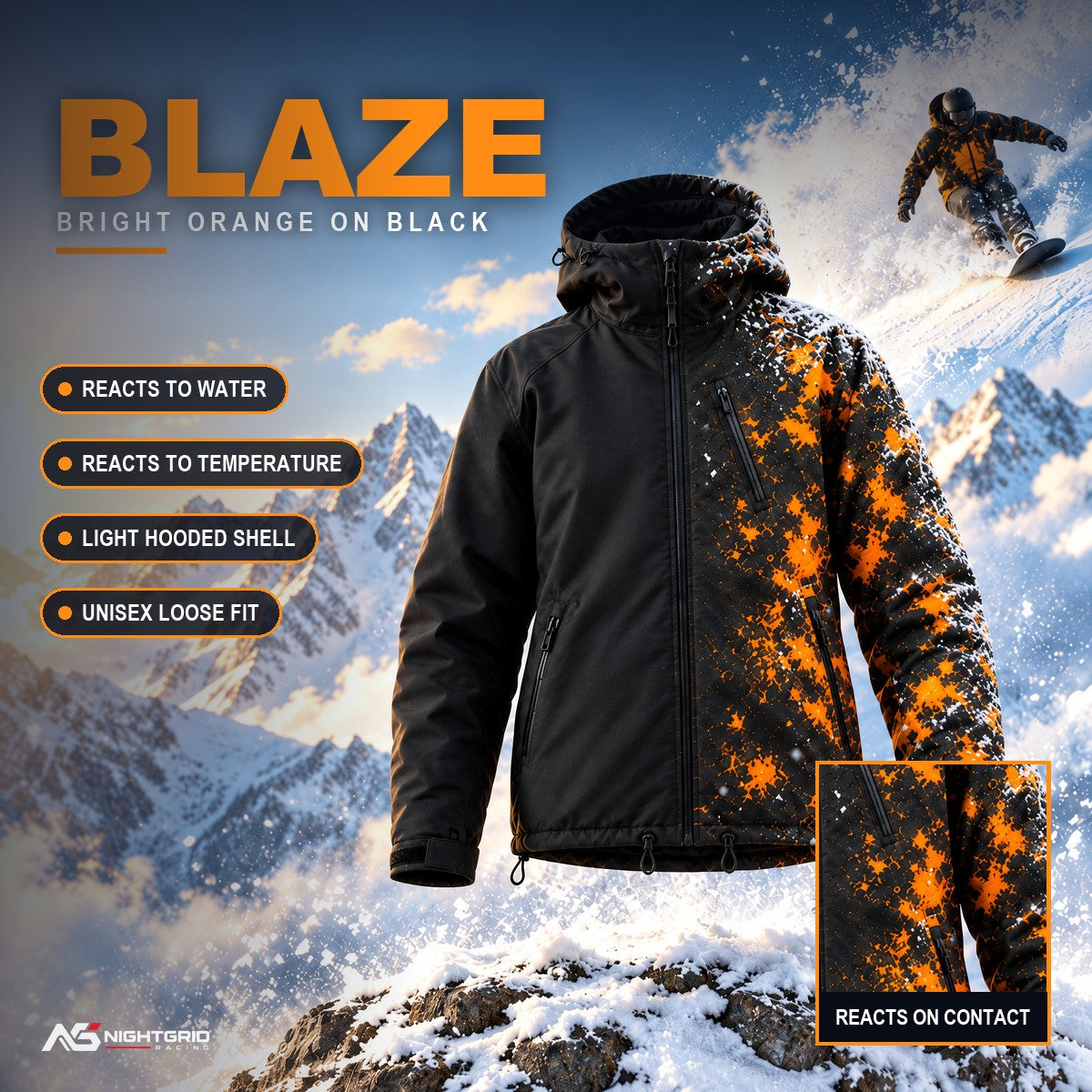 Flashpoint color changing jacket in Blaze: orange shows on the side hit by snow spray