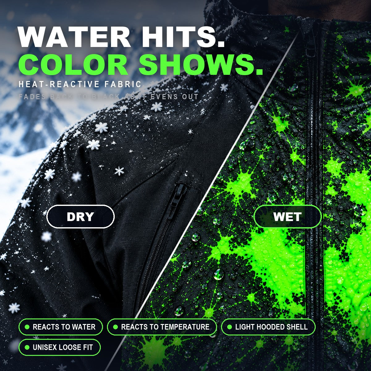 Color changing jacket fabric dry vs wet: plain black when dry, neon green where water hits