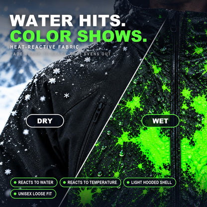 Color changing jacket fabric dry vs wet: plain black when dry, neon green where water hits