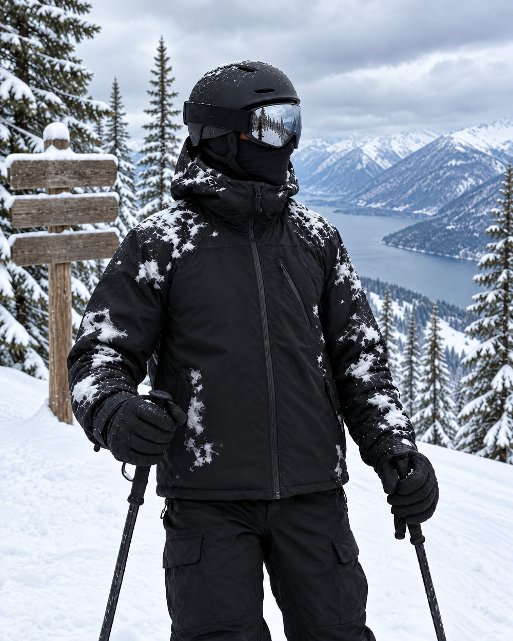 Skier with poles on the slope wearing the Flashpoint color changing jacket in Frost