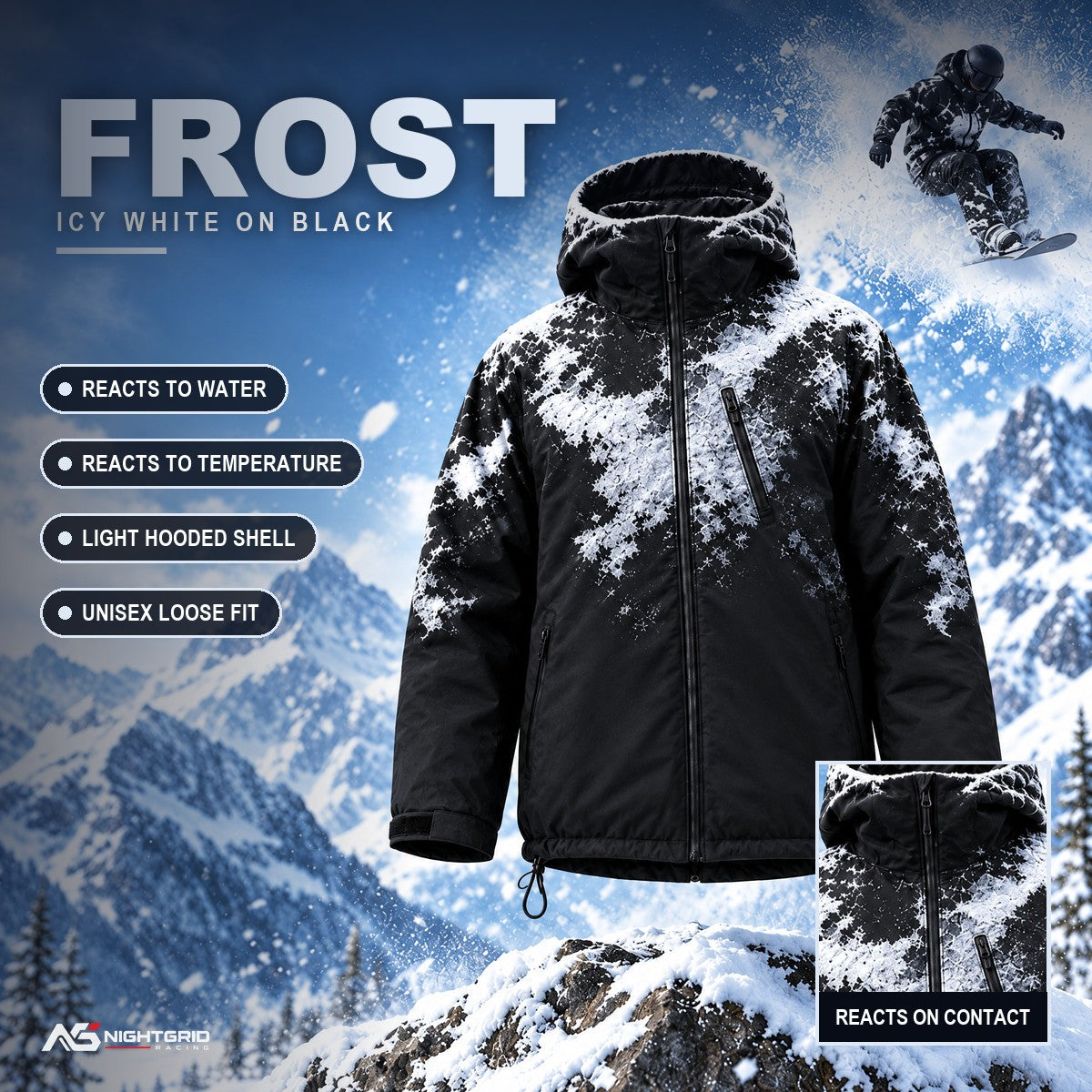 Flashpoint color changing jacket in Frost: icy white shows where snow lands on the black shell