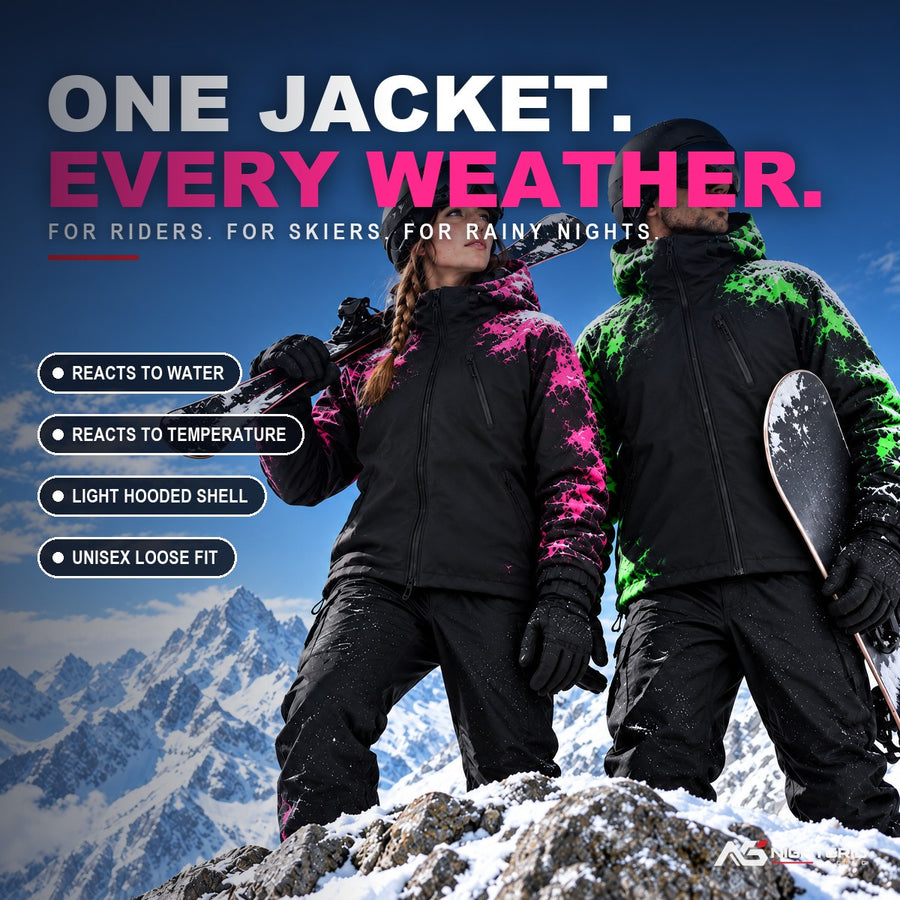 Flashpoint color changing jacket for skiing, snowboarding and rainy rides: color shows where snow lands
