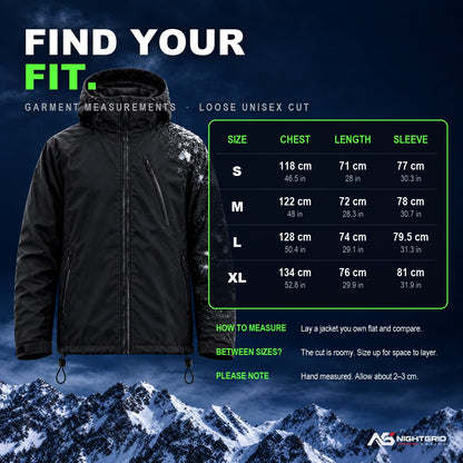 Flashpoint color changing jacket size guide S to XL, chest, length and sleeve in cm and inches