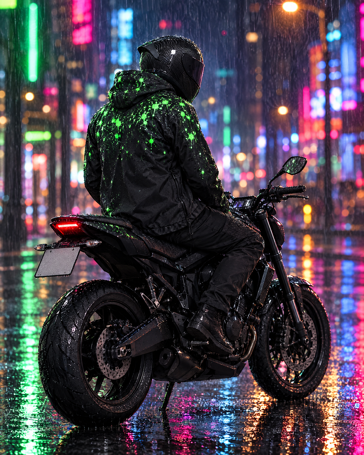 Rider on a motorcycle in the rain at night, neon green spots appearing where raindrops hit the Flashpoint color changing jacket