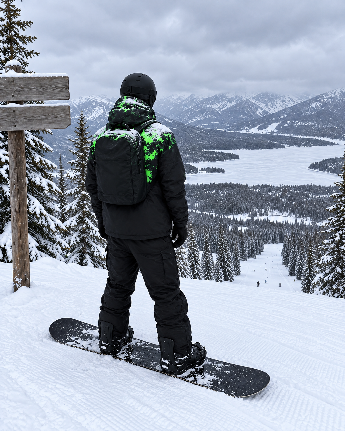 Snowboarder at the top of a run, neon green showing under the snow on the shoulders of the Flashpoint jacket