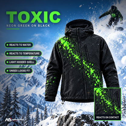 Flashpoint color changing jacket in Toxic: neon green trail where a water splash hit the black shell