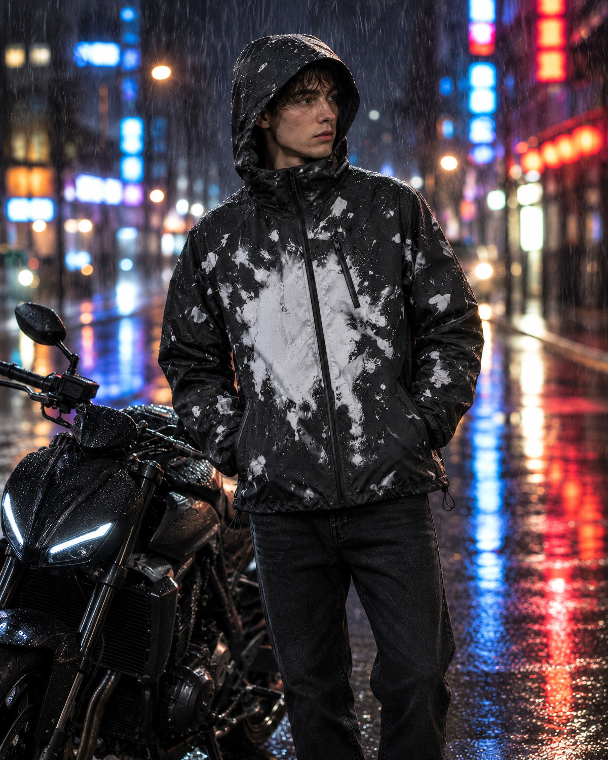 Rider in the Flashpoint color changing jacket in Frost beside a motorcycle on a rainy neon street at night, white splashes revealed by the rain