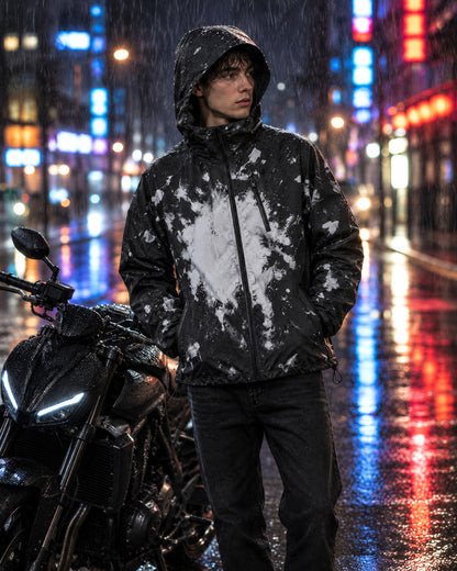 Rider in the Flashpoint color changing jacket in Frost beside a motorcycle on a rainy neon street at night, white splashes revealed by the rain