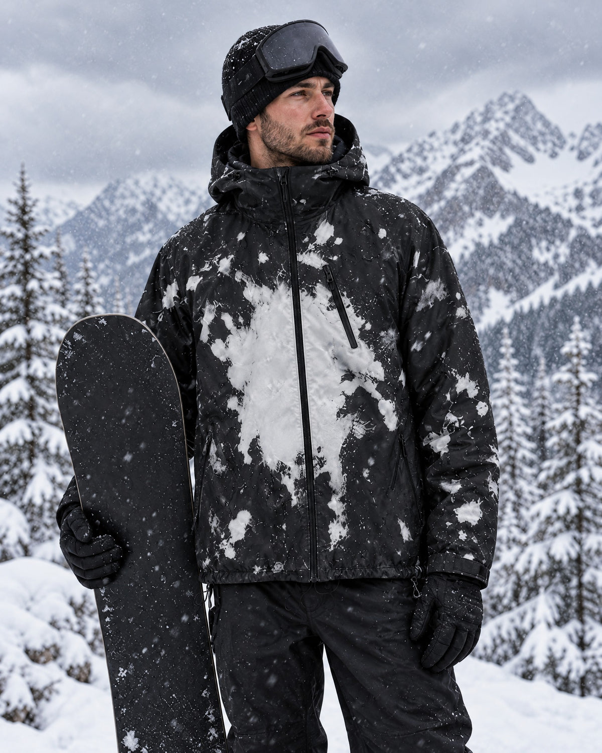 Snowboarder wearing the Flashpoint color changing jacket in Frost as a ski shell, white splashes where snow landed