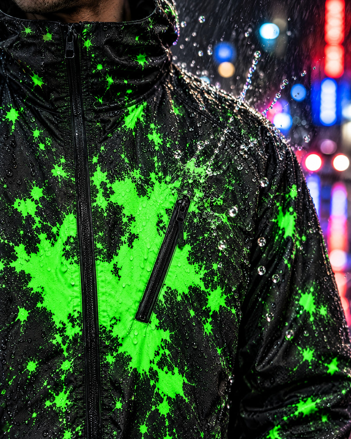Rain splashing on the Flashpoint color changing jacket, neon green color blooming where the water hits