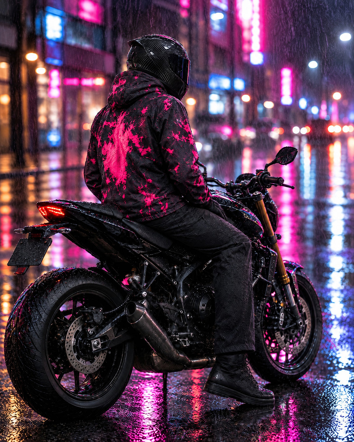 Rider on a motorcycle in the rain at night wearing the Flashpoint color changing jacket in Magenta