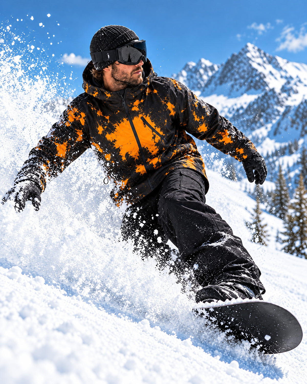 Snowboarder carving in the Flashpoint color changing jacket in Blaze, orange splashes where snow hits