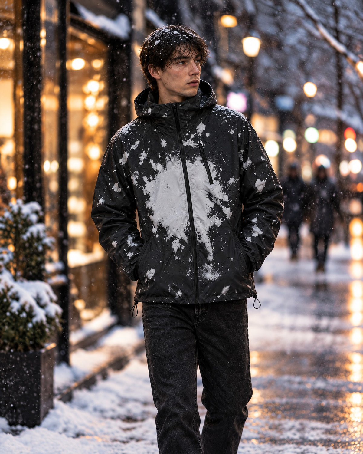 Man walking down a snowy city street in the Flashpoint color changing jacket in Frost