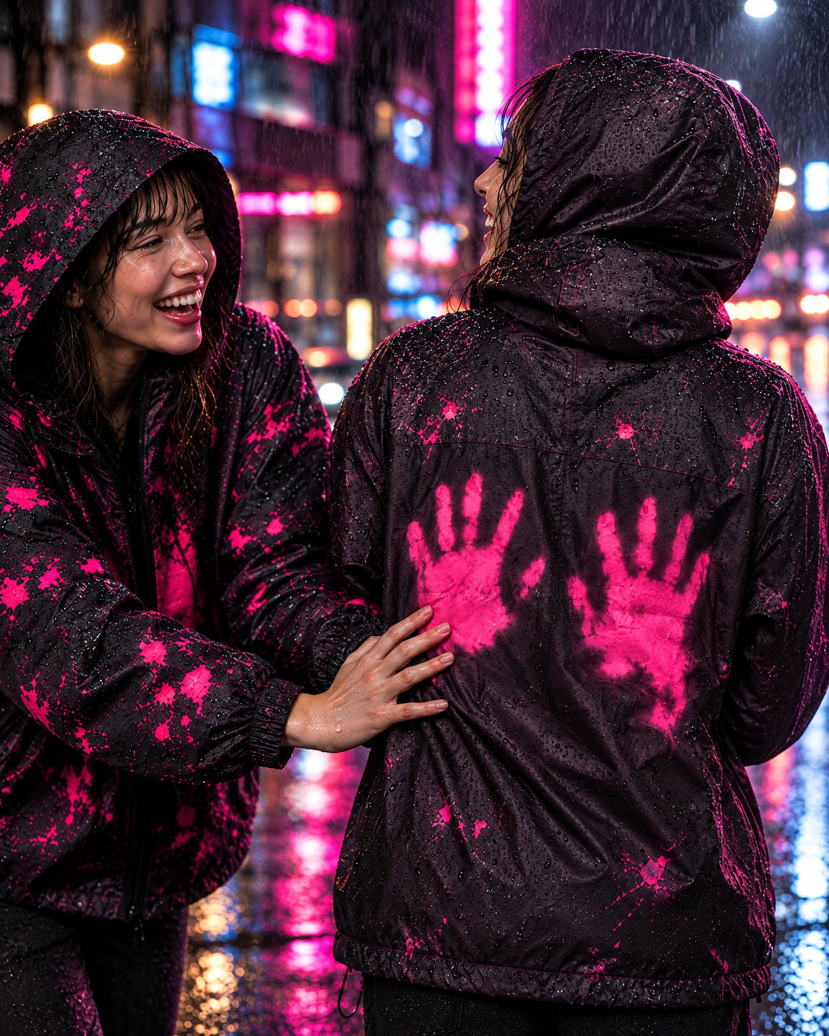 Friend leaves pink handprints on the back of a Flashpoint color changing jacket