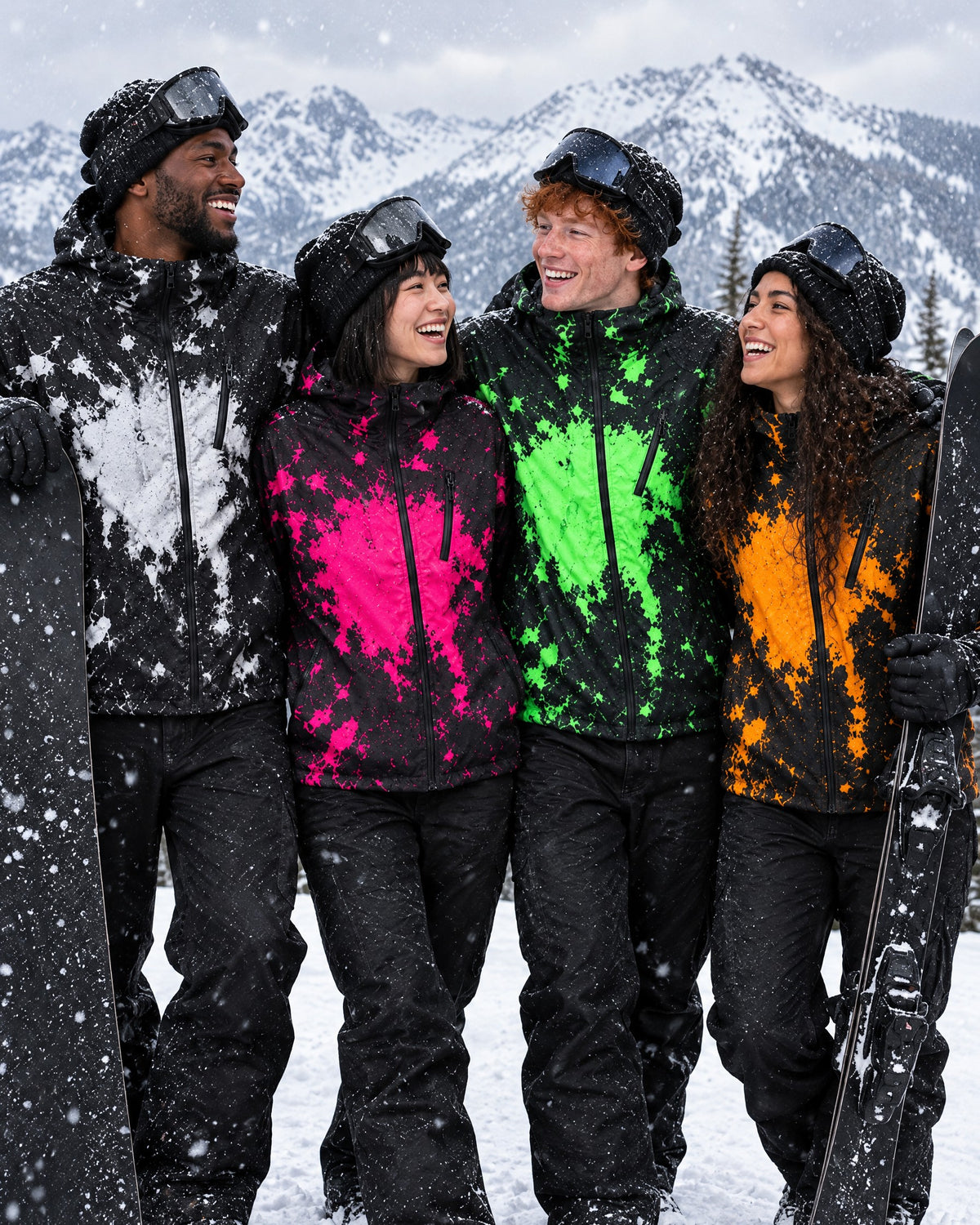 Four friends on a ski slope wearing the Flashpoint color changing jacket in Frost, Magenta, Toxic and Blaze