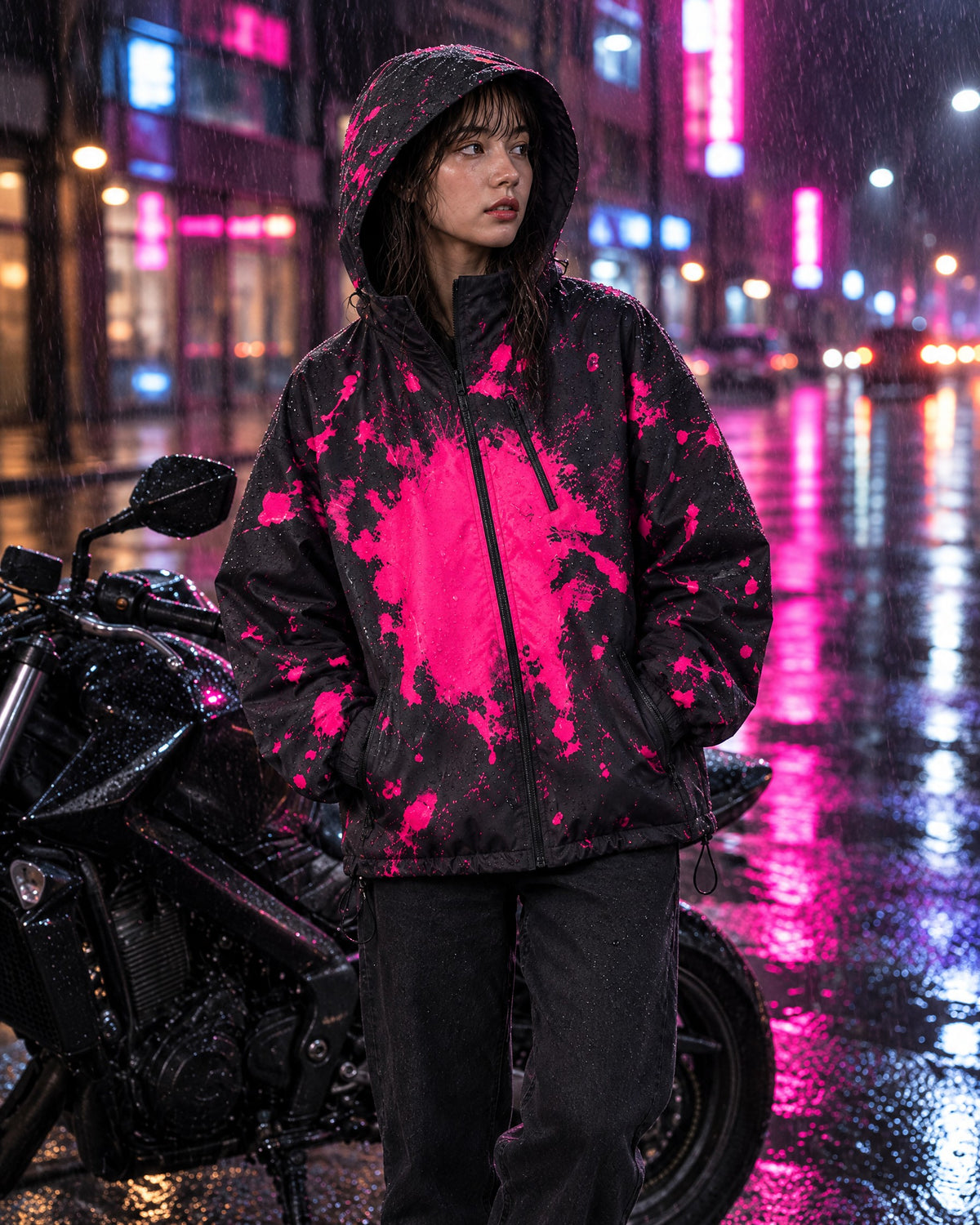 Woman in the Flashpoint color changing jacket in Magenta beside a motorcycle on a rainy street at night, hot pink splashes on black