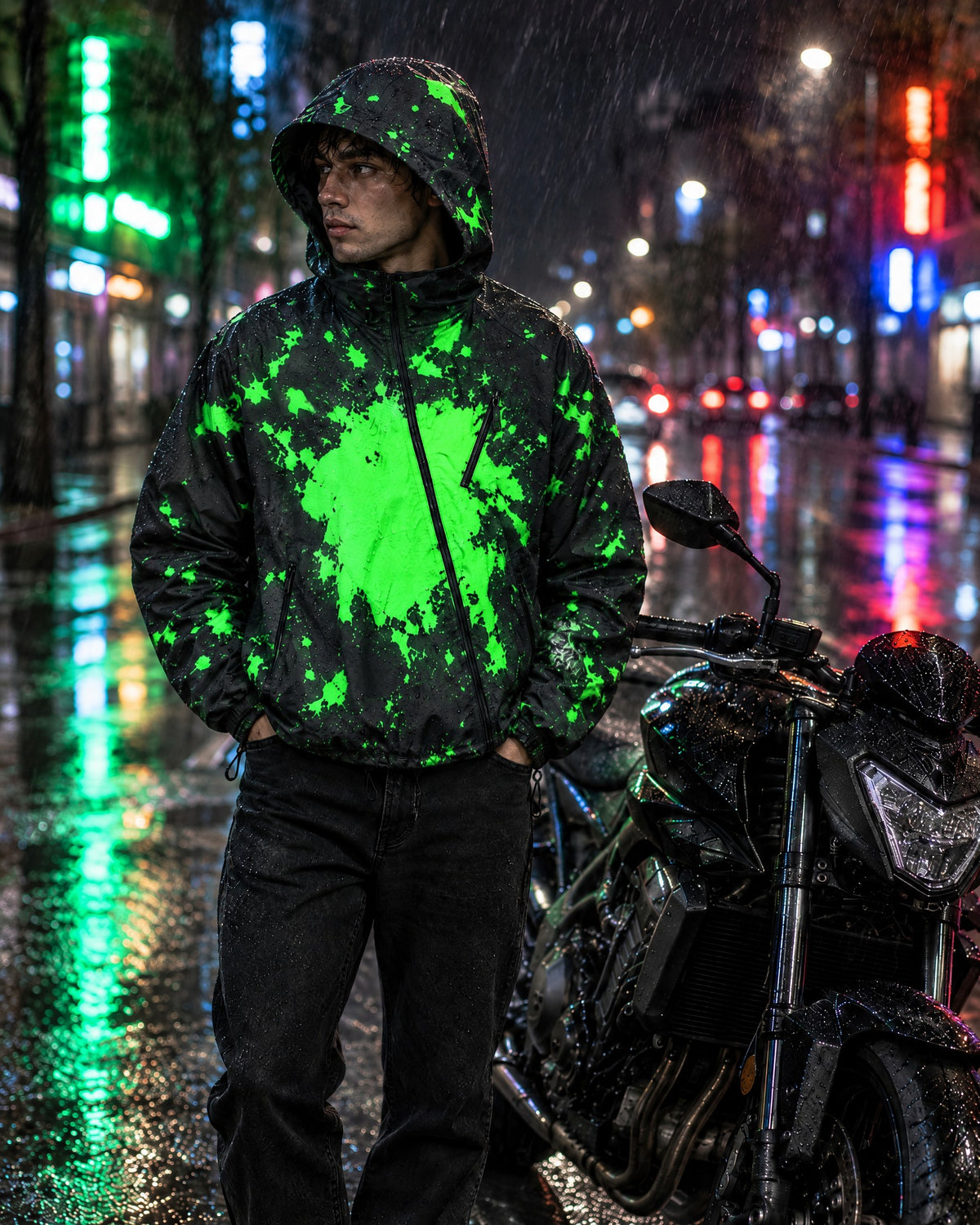 Rider in the Flashpoint color changing jacket in Toxic beside a motorcycle in the rain at night, neon green splashes on black