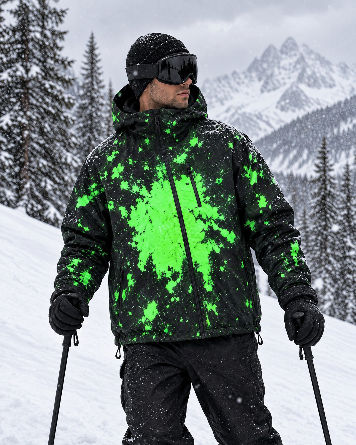 Skier wearing the Flashpoint color changing jacket in Toxic on a snowy slope, neon green splashes on black