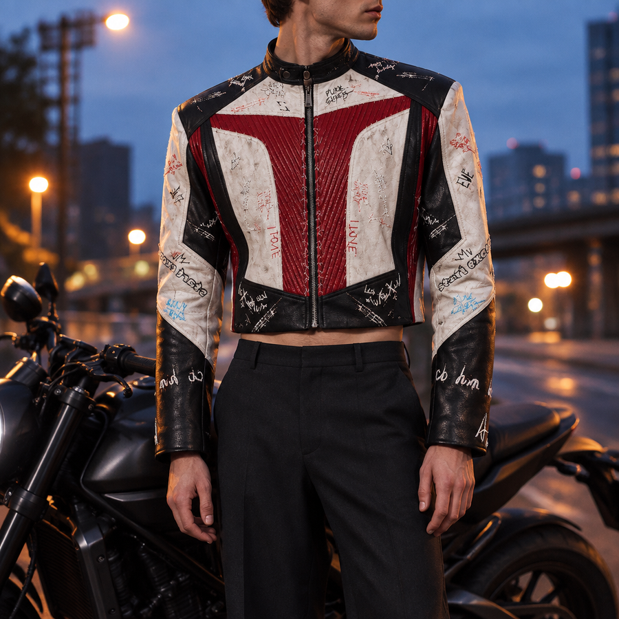 Graffiti stand-collar faux leather moto jacket in black