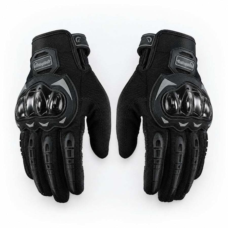 Gridline mesh riding gloves in black, the pair seen from above, moulded knuckle shells and raised finger armour