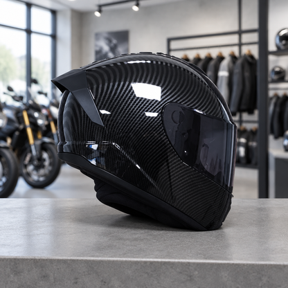 Apex full face motorcycle helmet, jet black carbon-weave shell with a smoke visor, on a workshop counter