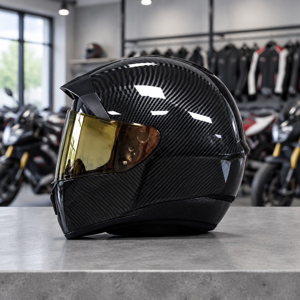 Apex full face motorcycle helmet, jet black carbon-weave shell with a bronze visor, on a workshop counter