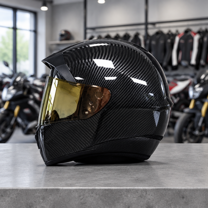 Apex full face motorcycle helmet, jet black carbon-weave shell with a bronze visor, on a workshop counter
