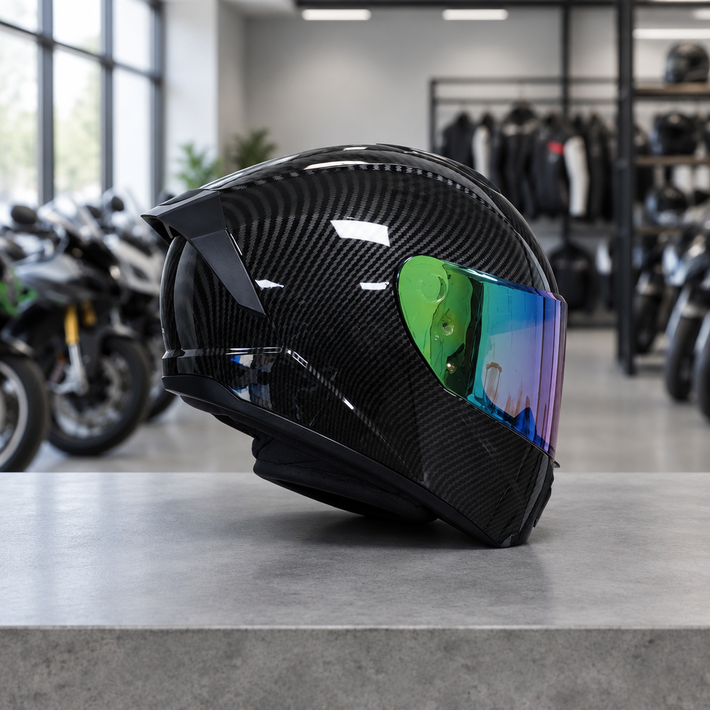 Apex full face motorcycle helmet, jet black carbon-weave shell with a green iridium visor, on a workshop counter