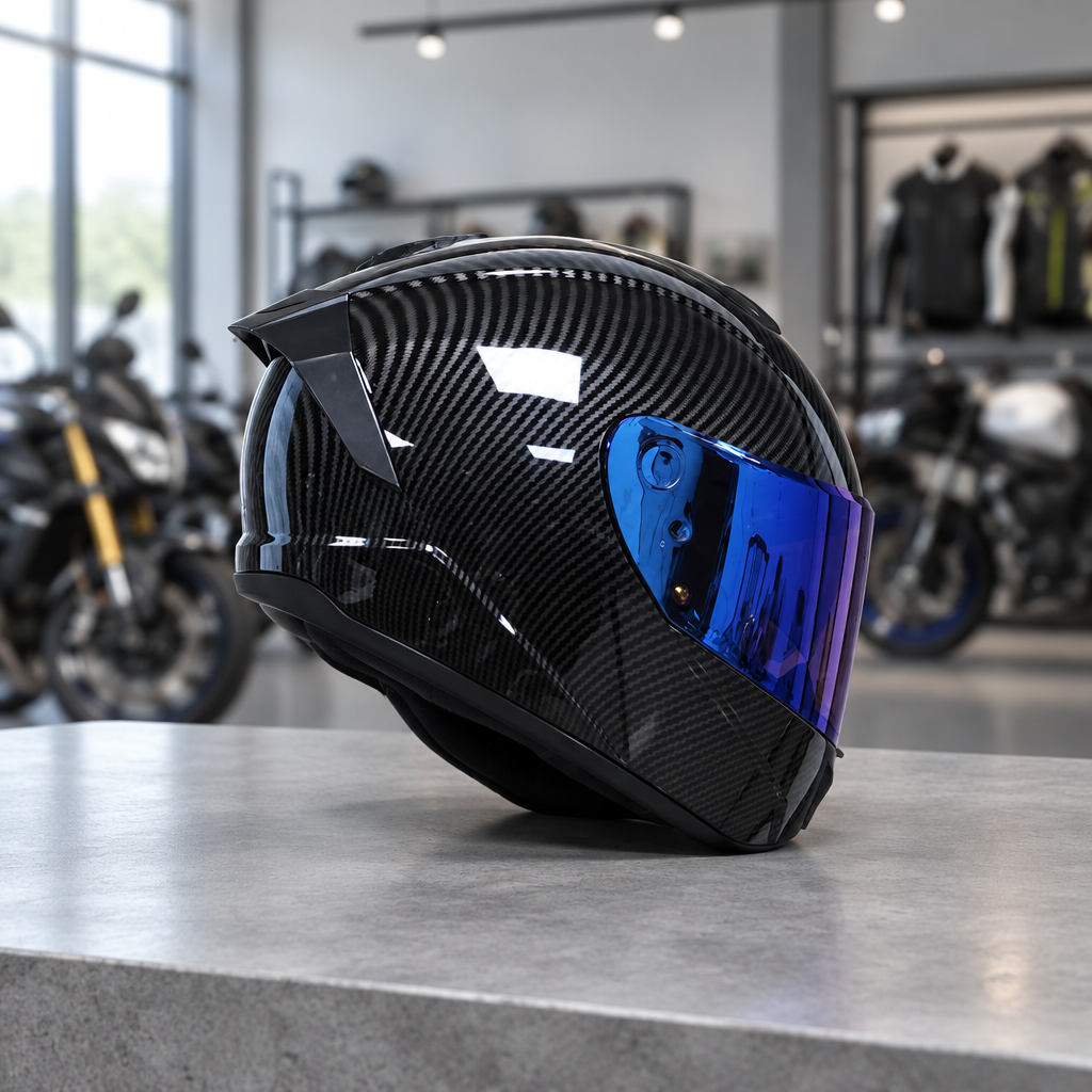 Apex full face motorcycle helmet, jet black carbon-weave shell with a blue iridium visor, on a workshop counter
