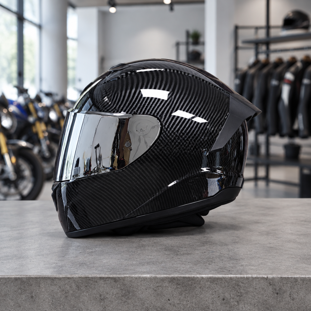 Apex full face motorcycle helmet, jet black carbon-weave shell with a silver mirror visor, on a workshop counter
