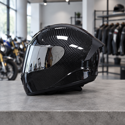 Apex full face motorcycle helmet, jet black carbon-weave shell with a silver mirror visor, on a workshop counter