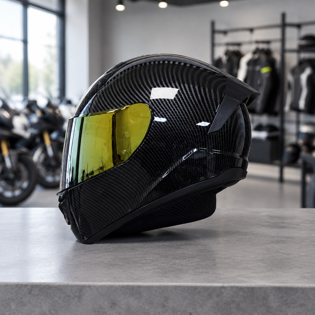 Apex full face motorcycle helmet, jet black carbon-weave shell with a gold visor, on a workshop counter